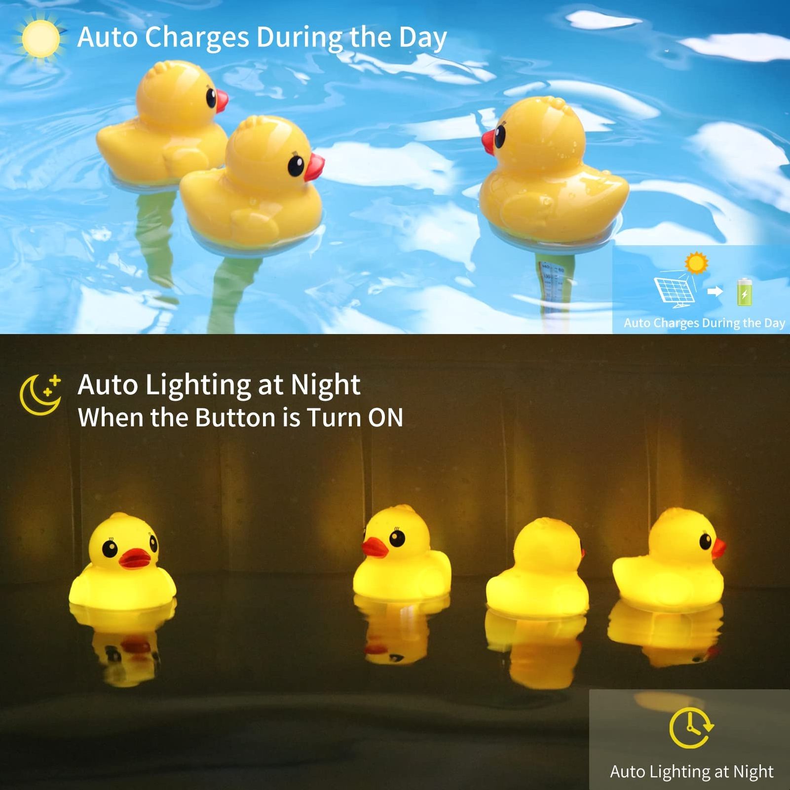 Portable Solar Floating Light up Duck Design Thermometer Solar Charging Light Waterproof IP68 Light