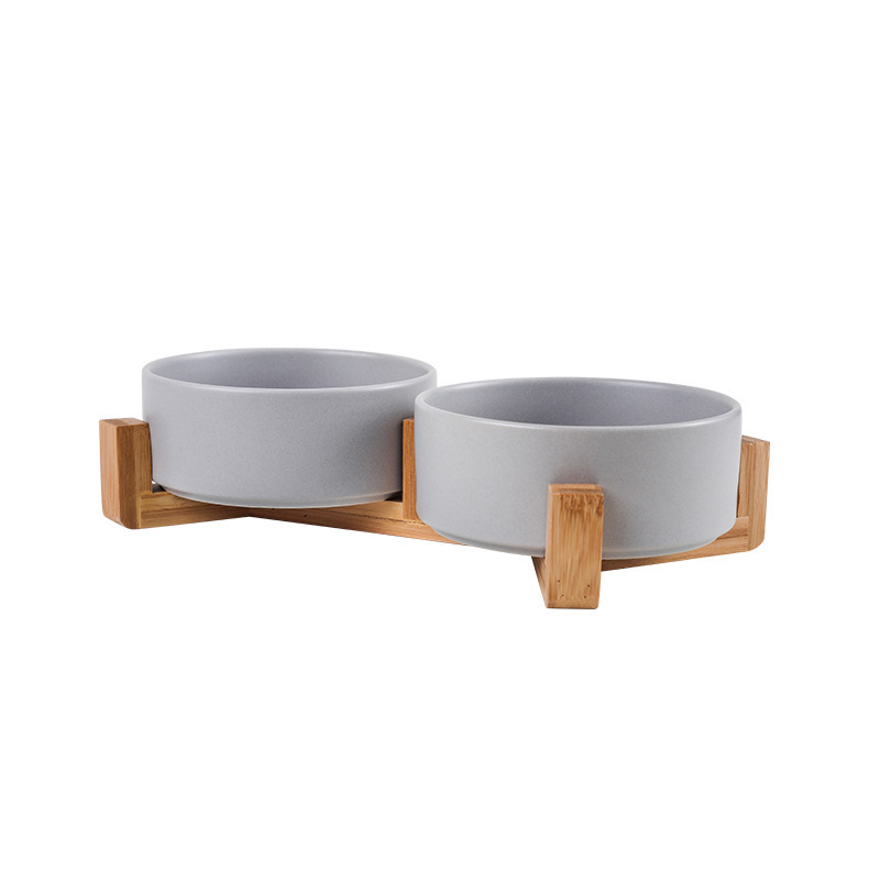 bamboo dog bowl Puppy Ceramic Food and Water Bowls Set Indoors Pet Bowls with Wood Stand