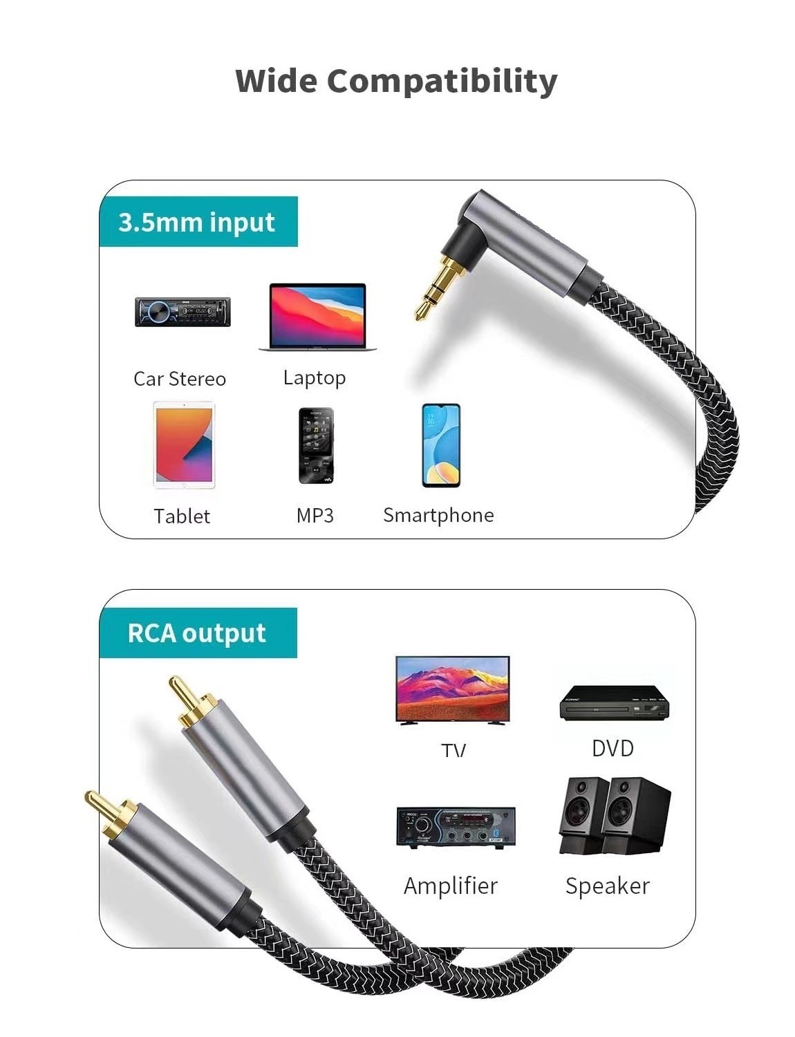 Hifi Audio Cable Angle Mini Jack 3.5mm to Dual RCA for PC Car Headphone Mobile Sound box 3.5 to 2*RCA OFC Cable 1M 3M 5M 8M 12M