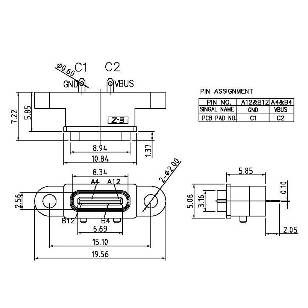 TYPE C 2Pin Waterproof Female USB C Socket Port With Screw Hole Fast Charge Charging Interface 180 degree USB Connector