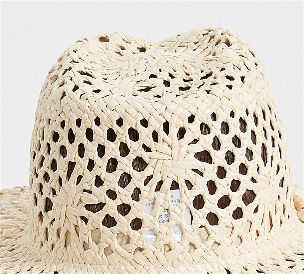 Wholesale Cool and Casual Geometric Pattern Hand-knitted Lala Straw Fedora Straw Hat with Stunning Chin Strap