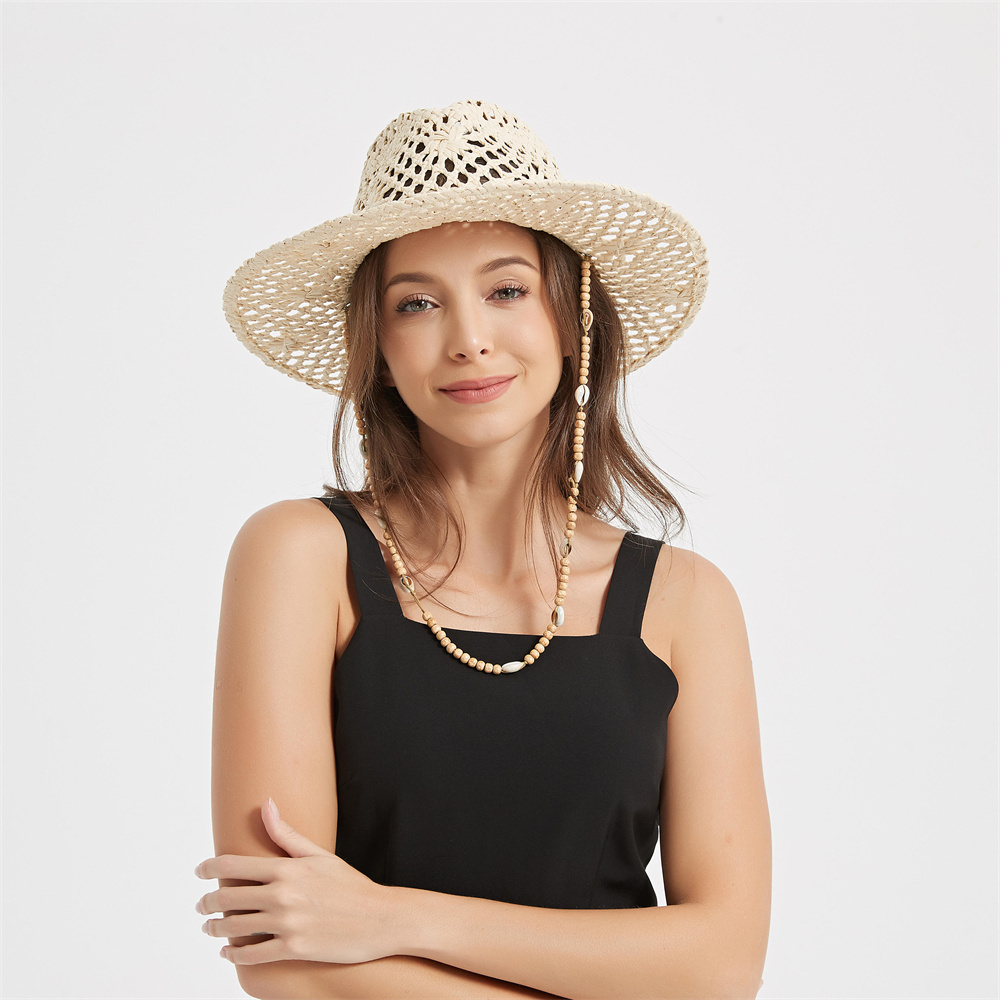 Wholesale Cool and Casual Geometric Pattern Hand-knitted Lala Straw Fedora Straw Hat with Stunning Chin Strap