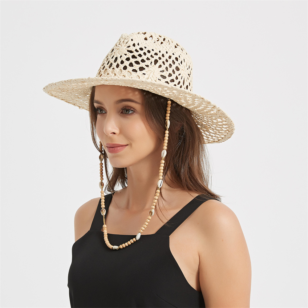 Wholesale Cool and Casual Geometric Pattern Hand-knitted Lala Straw Fedora Straw Hat with Stunning Chin Strap