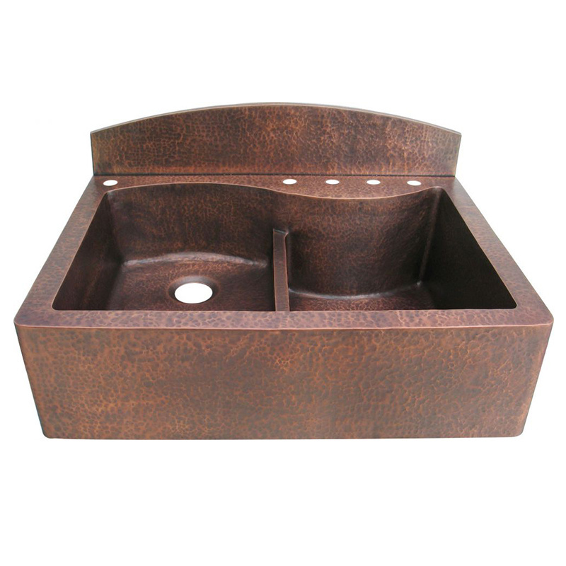 Farm house kitchen copper sink with wall back splash rustic hand hammer double bowl sinks