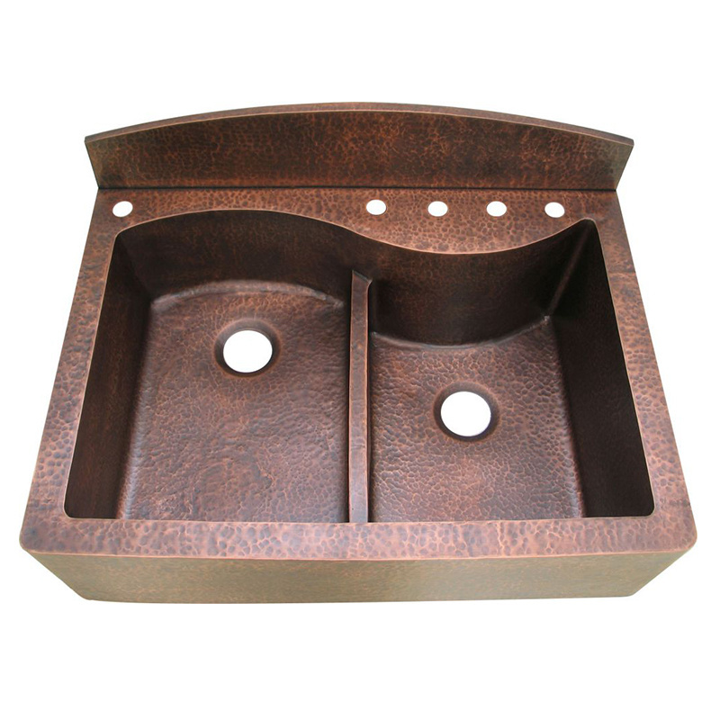 Farm house kitchen copper sink with wall back splash rustic hand hammer double bowl sinks