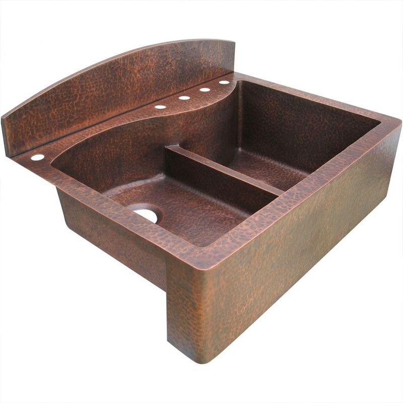 Farm house kitchen copper sink with wall back splash rustic hand hammer double bowl sinks