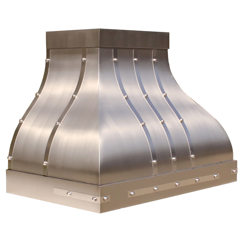 Kitchen chimney range hood with elegant bottom bands and mirrored stainless steel straps