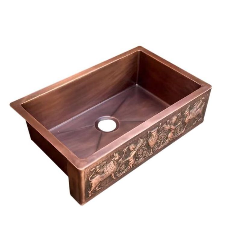 Hand  crafted artisan copper farmhouse single bowl kitchen sinks with embossed relief apron front customized sink