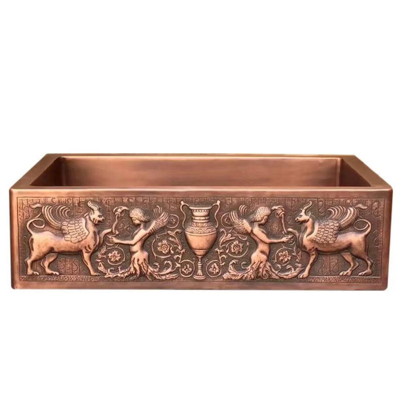 Hand  crafted artisan copper farmhouse single bowl kitchen sinks with embossed relief apron front customized sink