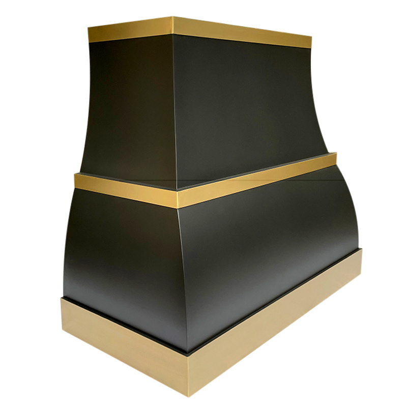 Modern Design Luxury Customized Wall Mounted Stainless Steel Kitchen Range Hoods Black and Brass Gold chimney  vent hood