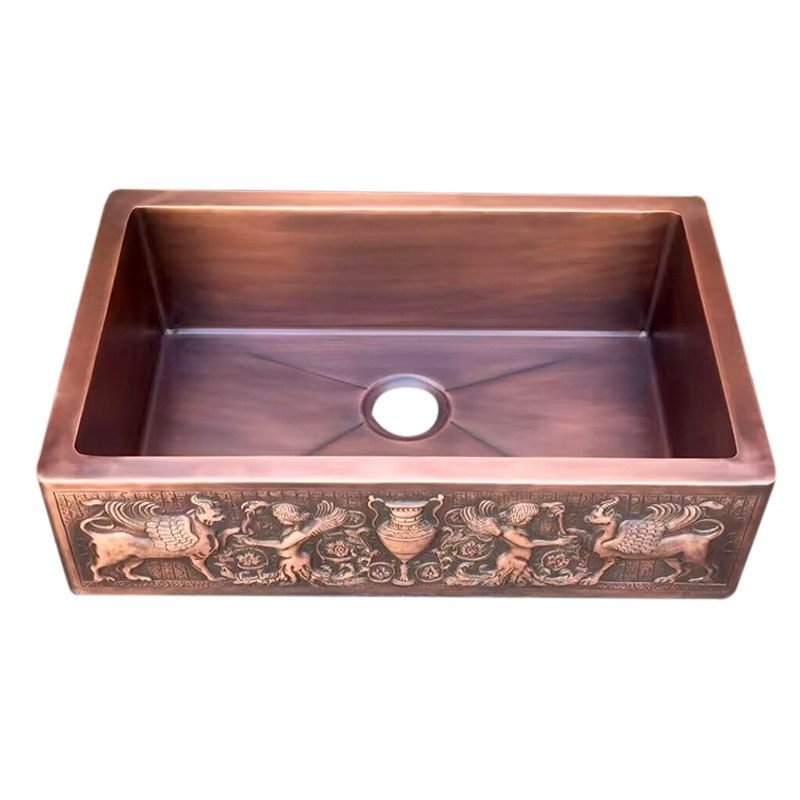 Hand  crafted artisan copper farmhouse single bowl kitchen sinks with embossed relief apron front customized sink