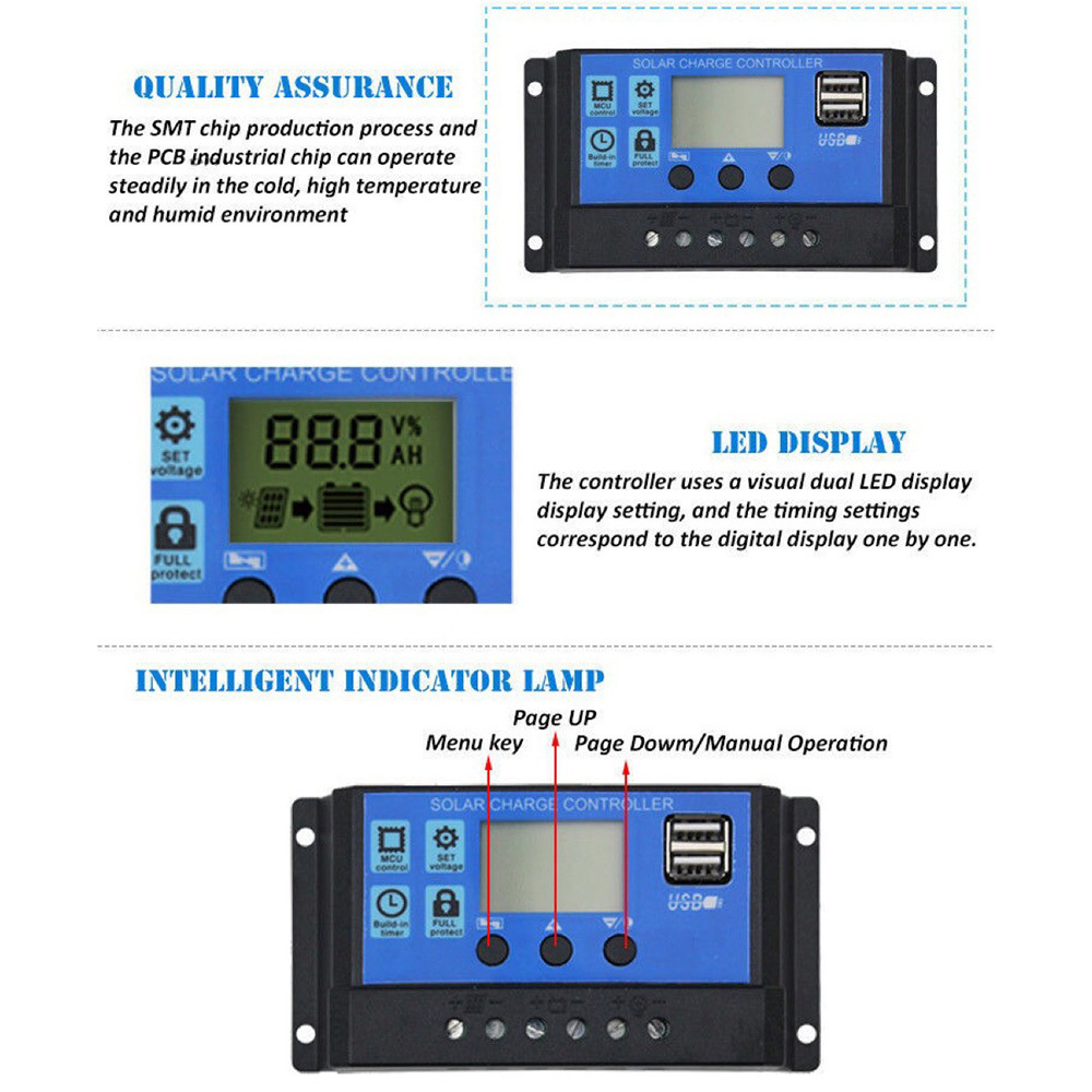 Solar Charge Controller 12V/24V Solar Panel Battery Controller Regulator Solar Charge Controller With Dual USB LCD Display