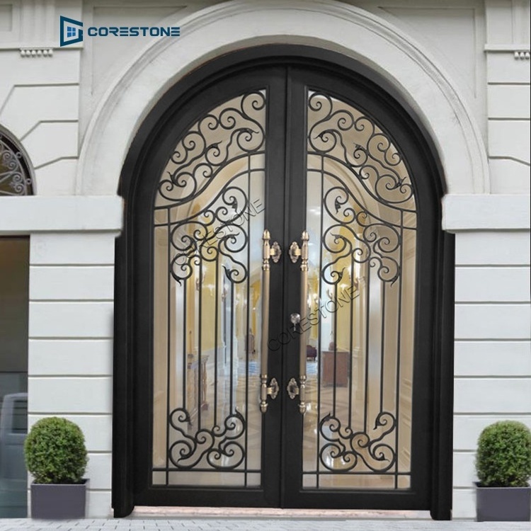 Simple Design Wrought Iron  Double  Door Arched Design Wrought Iron Door