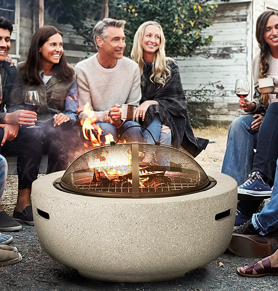 Concrete Fire Pit Tabletop Gas Garden Fire Pit Bowl Round Firepit Charcoal BBQ Grill Camping Large Fire Pits