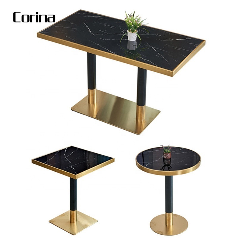 Outdoor marble top restaurant table and chairs set stainless steel base dining table for cafe shop