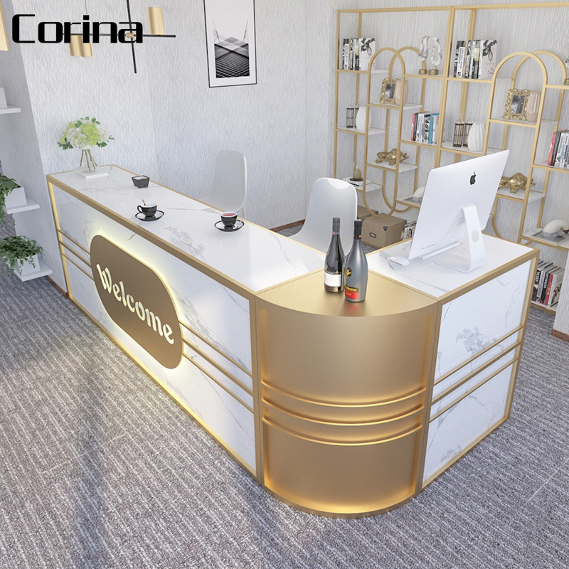 Customize Black Gold L Shape Counter Check Out Desk LED Light Curved SPA Beauty Salon Small Reception Desk