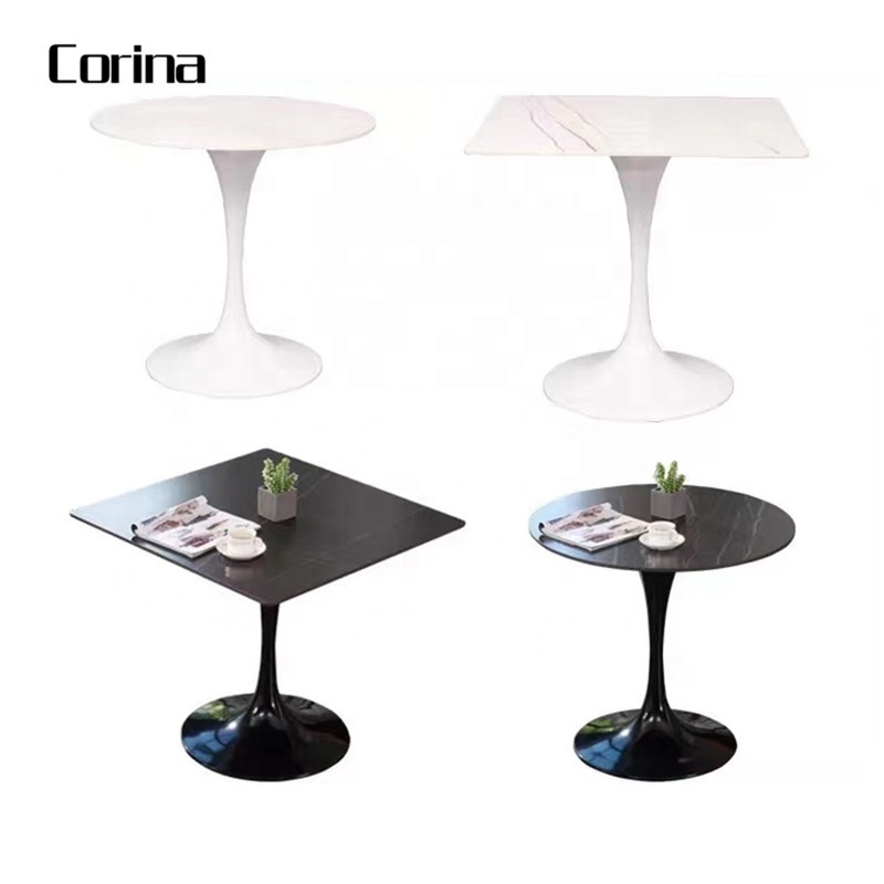 Outdoor marble top restaurant table and chairs set stainless steel base dining table for cafe shop