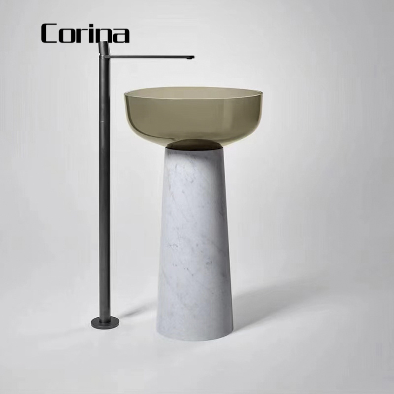 Pedestal floor stand circular artificial stone basins freestanding acrylic hand basin for bathroom vanity