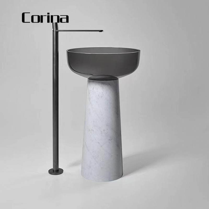 Pedestal floor stand circular artificial stone basins freestanding acrylic hand basin for bathroom vanity