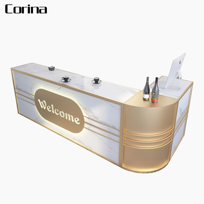 Customize Black Gold L Shape Counter Check Out Desk LED Light Curved SPA Beauty Salon Small Reception Desk