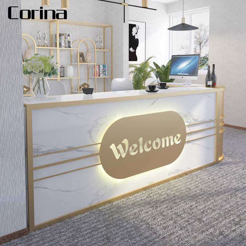 Customize Black Gold L Shape Counter Check Out Desk LED Light Curved SPA Beauty Salon Small Reception Desk