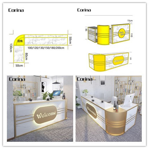 Customize Black Gold L Shape Counter Check Out Desk LED Light Curved SPA Beauty Salon Small Reception Desk