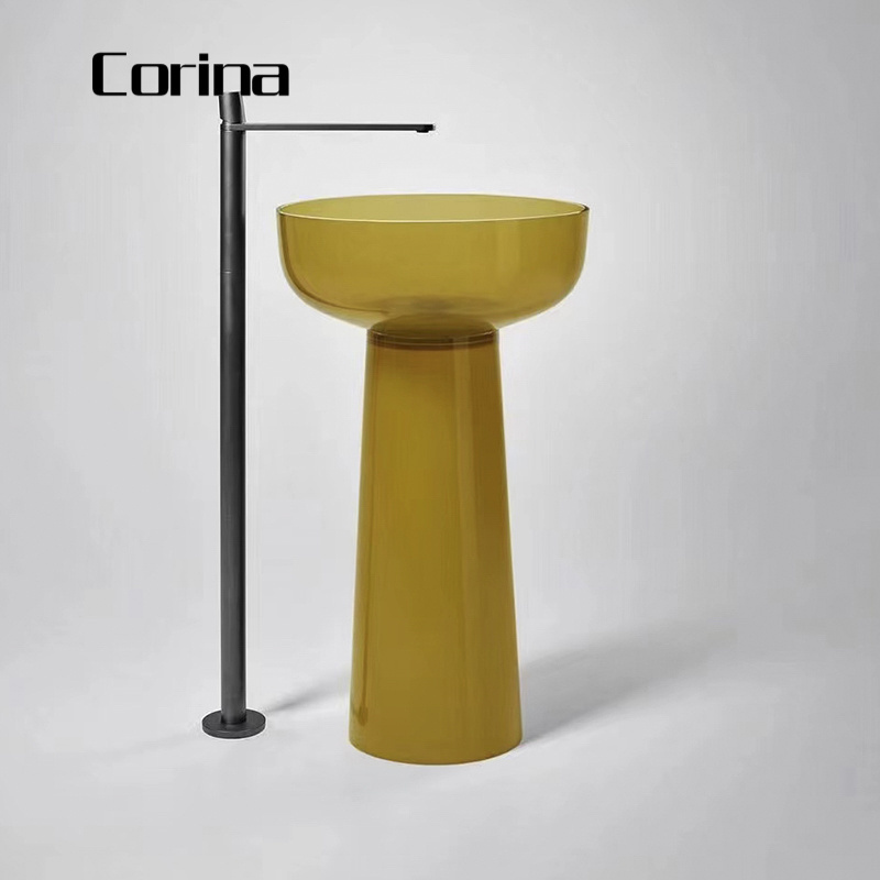 Pedestal floor stand circular artificial stone basins freestanding acrylic hand basin for bathroom vanity