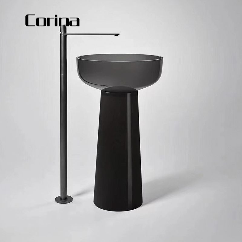 Pedestal floor stand circular artificial stone basins freestanding acrylic hand basin for bathroom vanity