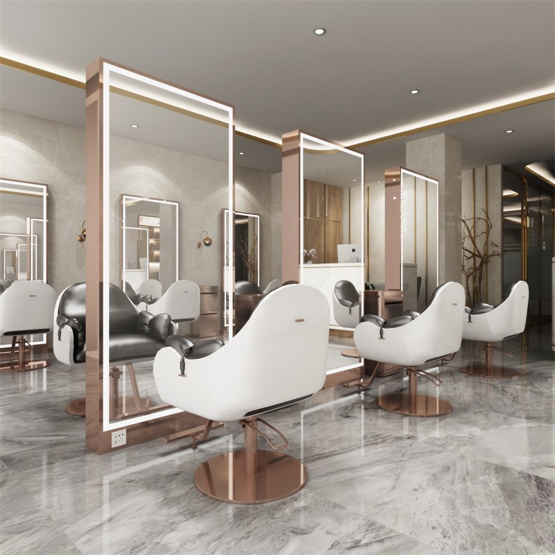 Double Sided Barber Shop Furniture Styling Station Gold Salon Mirror Station With Led Lights For Hairdressing