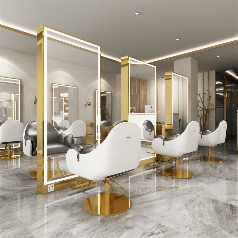 Double Sided Barber Shop Furniture Styling Station Gold Salon Mirror Station With Led Lights For Hairdressing