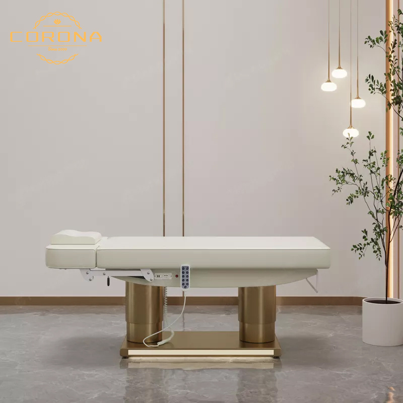 Luxury Salon Furniture White Gold Electric Facial Cosmetic Beauty Massage Bed Table