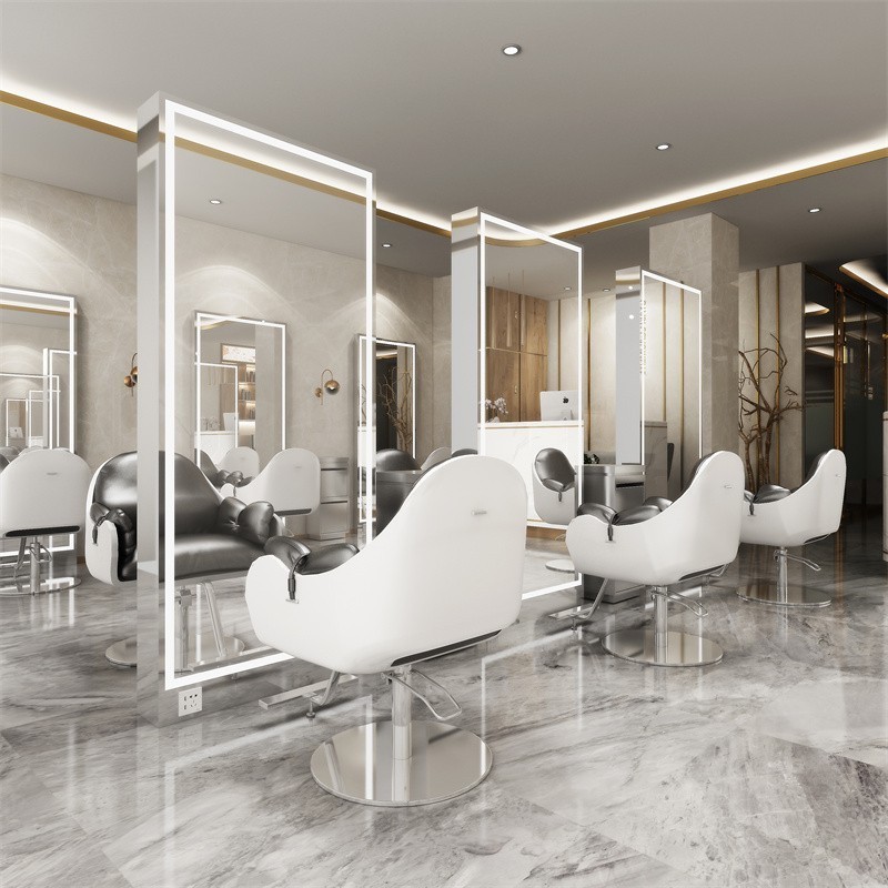 Double Sided Barber Shop Furniture Styling Station Gold Salon Mirror Station With Led Lights For Hairdressing