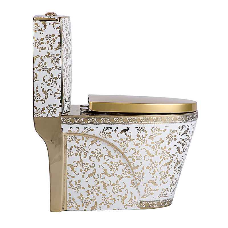 Royal design high end design electroplated bathroom ceramic golden toilet golden pattern shape toilet