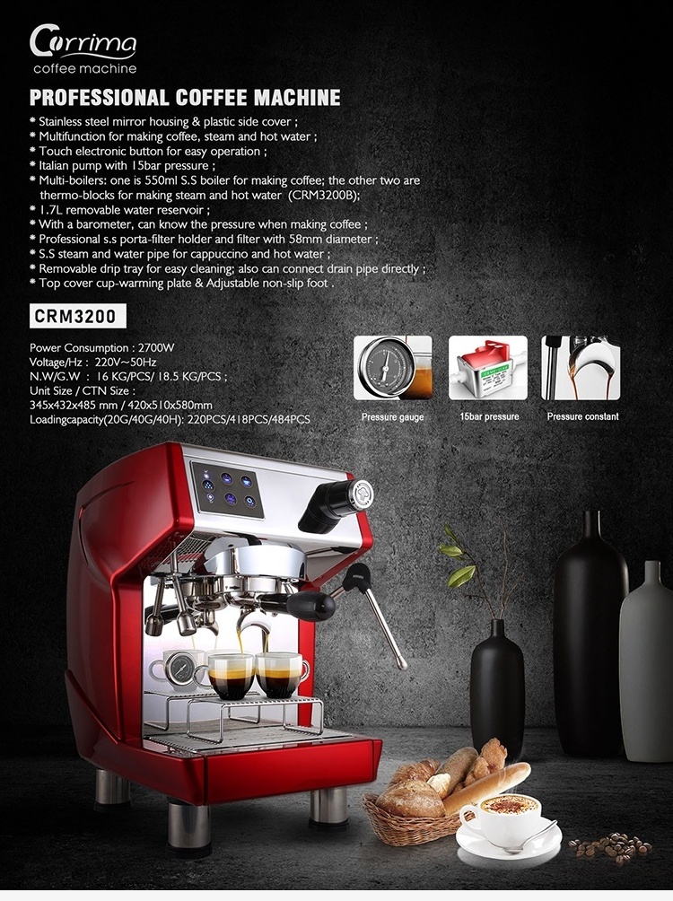 Sleek 1.7L Espresso Coffee Machine, 220 Volt Coffee Maker with Built-in Milk Frother - Cafe Corrima