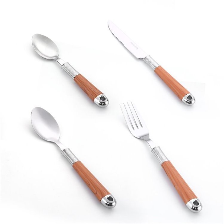 Hot Selling Wooden Handle Stainless Steel Flatware Knife Serve Fork Spoon Portable 24Pcs Dinnerware Tableware Set With Rack