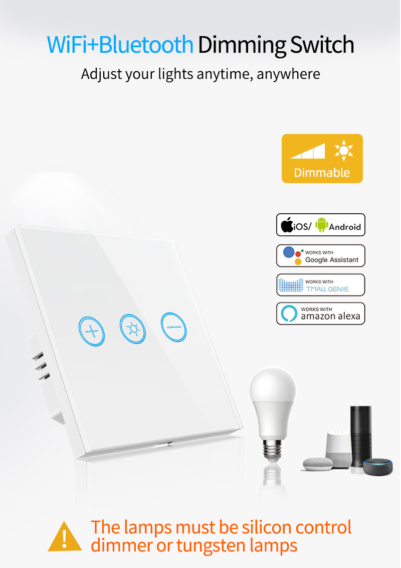 EU/UK Glass Touch Switch WIFI Dimmer Switch Tuya Smart Life Voice Control Wall Light Smart Switch Work with Alexa Google Home