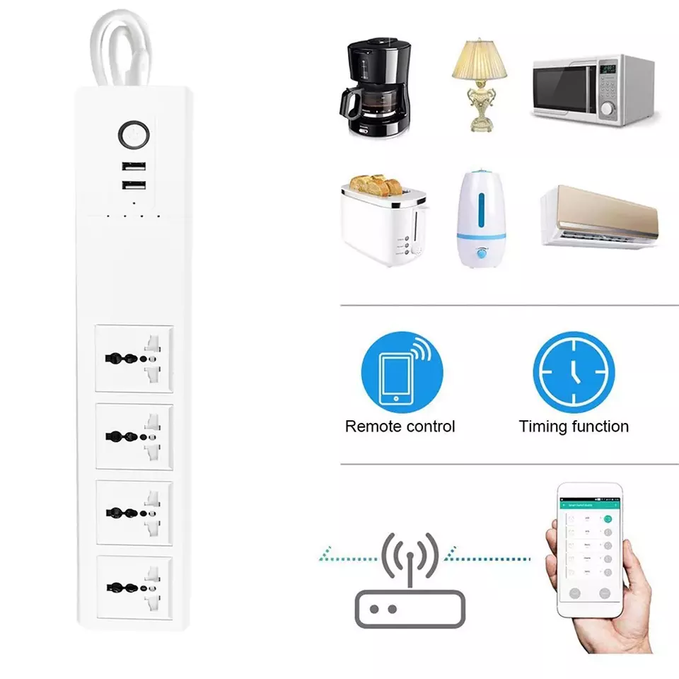 Wifi Smart Power Strip 4 Universal Plug with 2 USB Fast Charging Port Socket Work with Alexa Google Assistant Smart Life Socket