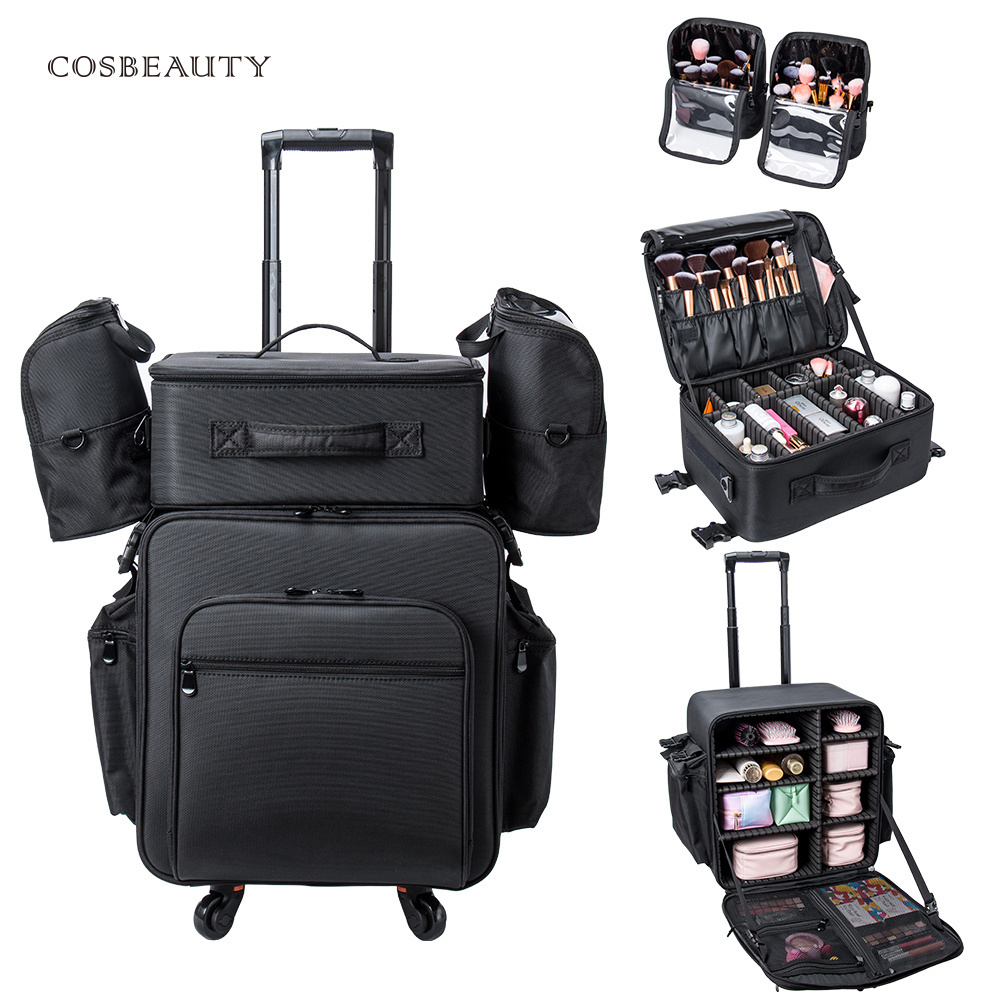 Professional 4 in 1 Travel Nylon Custom Make up Box Large Black Cosmetic Organizer Makeup Rolling Trolley Organizer Beauty Case