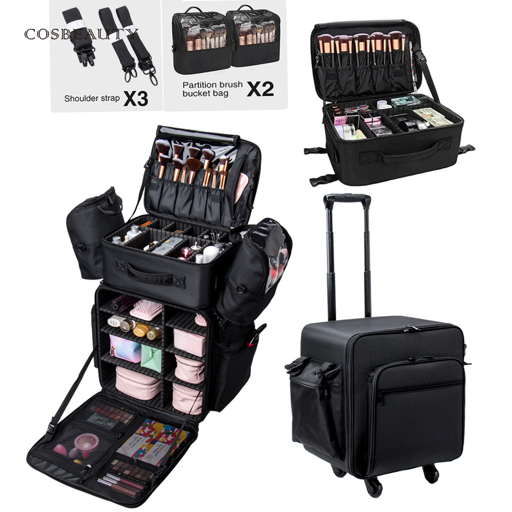 Professional 4 in 1 Travel Nylon Custom Make up Box Large Black Cosmetic Organizer Makeup Rolling Trolley Organizer Beauty Case