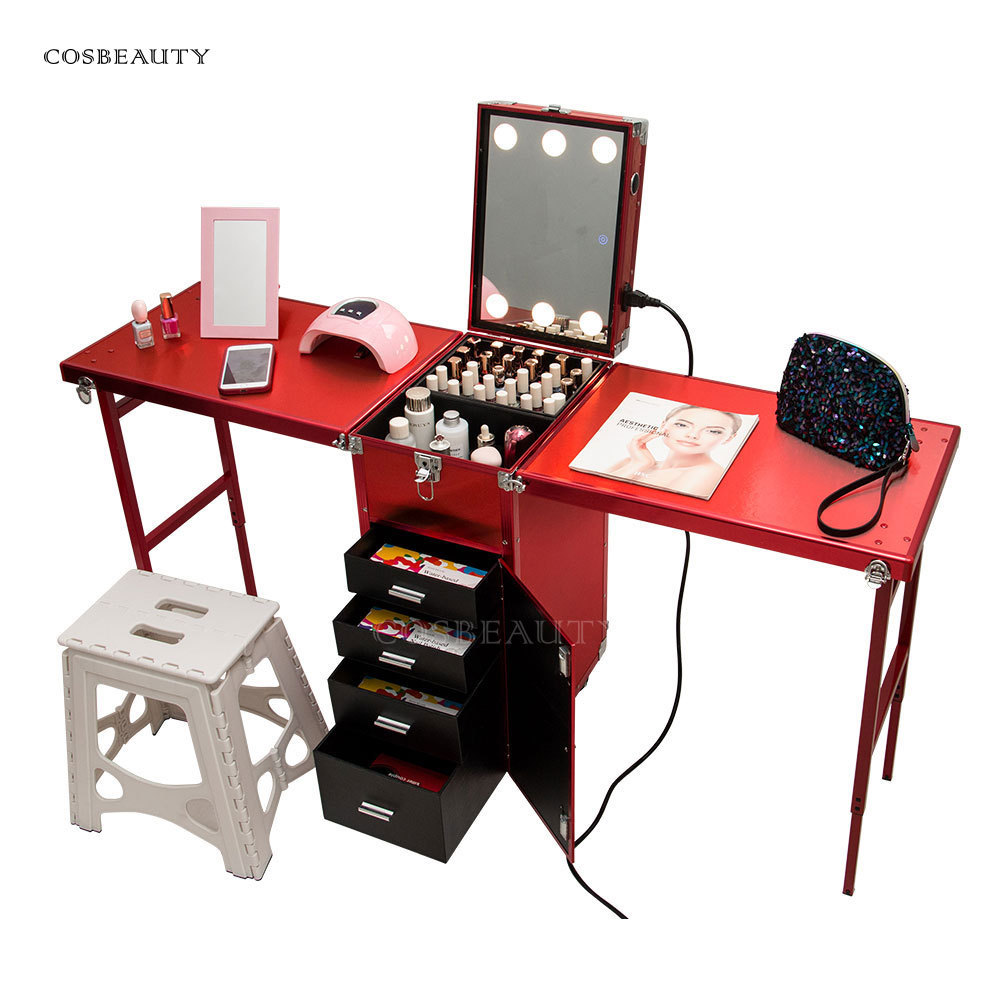 Portable and foldable nail polish storage studio tech table technician nail desks with drawers manicure table for salon shops