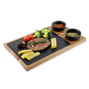 High-class restaurant steak plate natural slate acacia plate serving tray Ceramic dish with dip , plate, beef, cheese, wedding