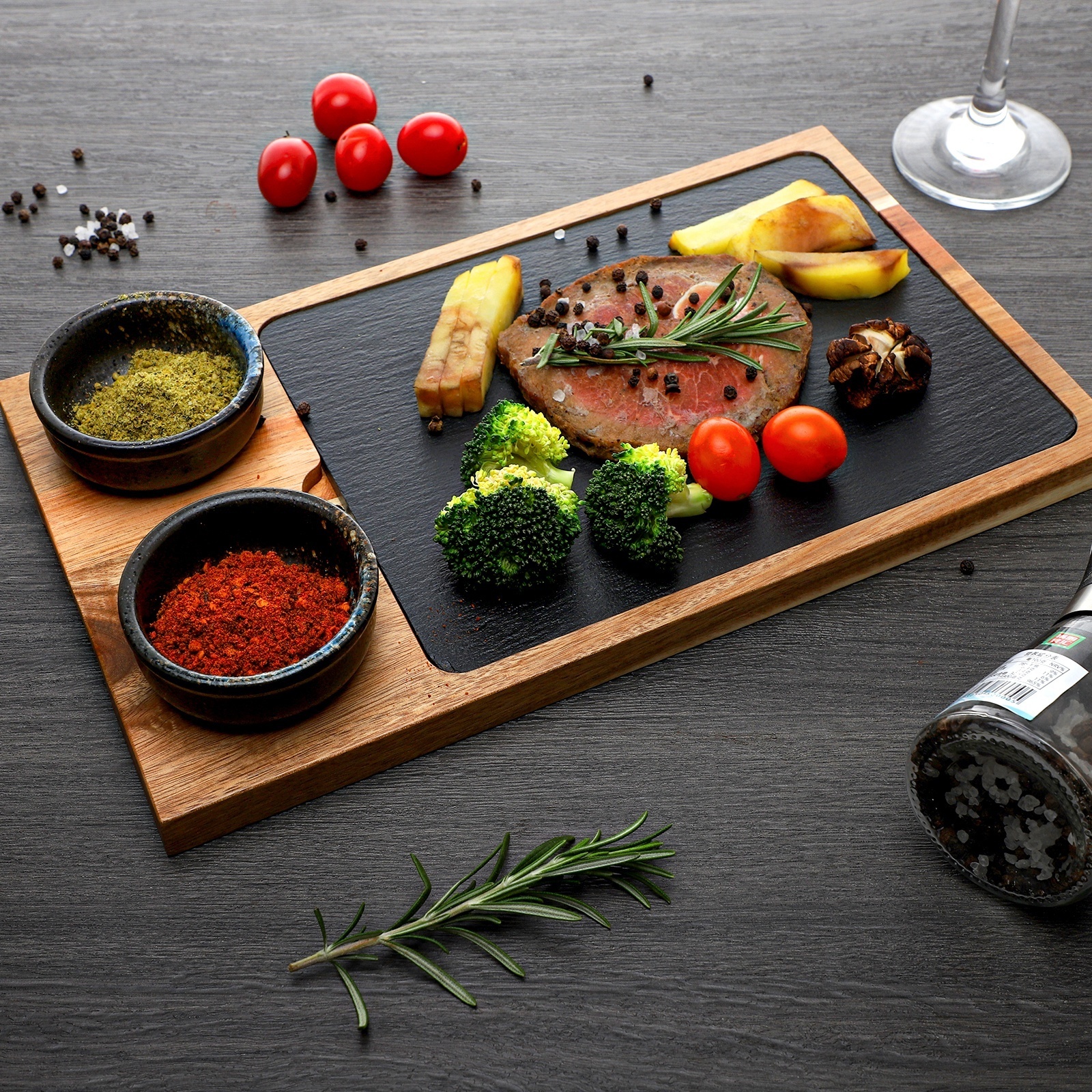 High-class restaurant steak plate natural slate acacia plate serving tray Ceramic dish with dip , plate, beef, cheese, wedding