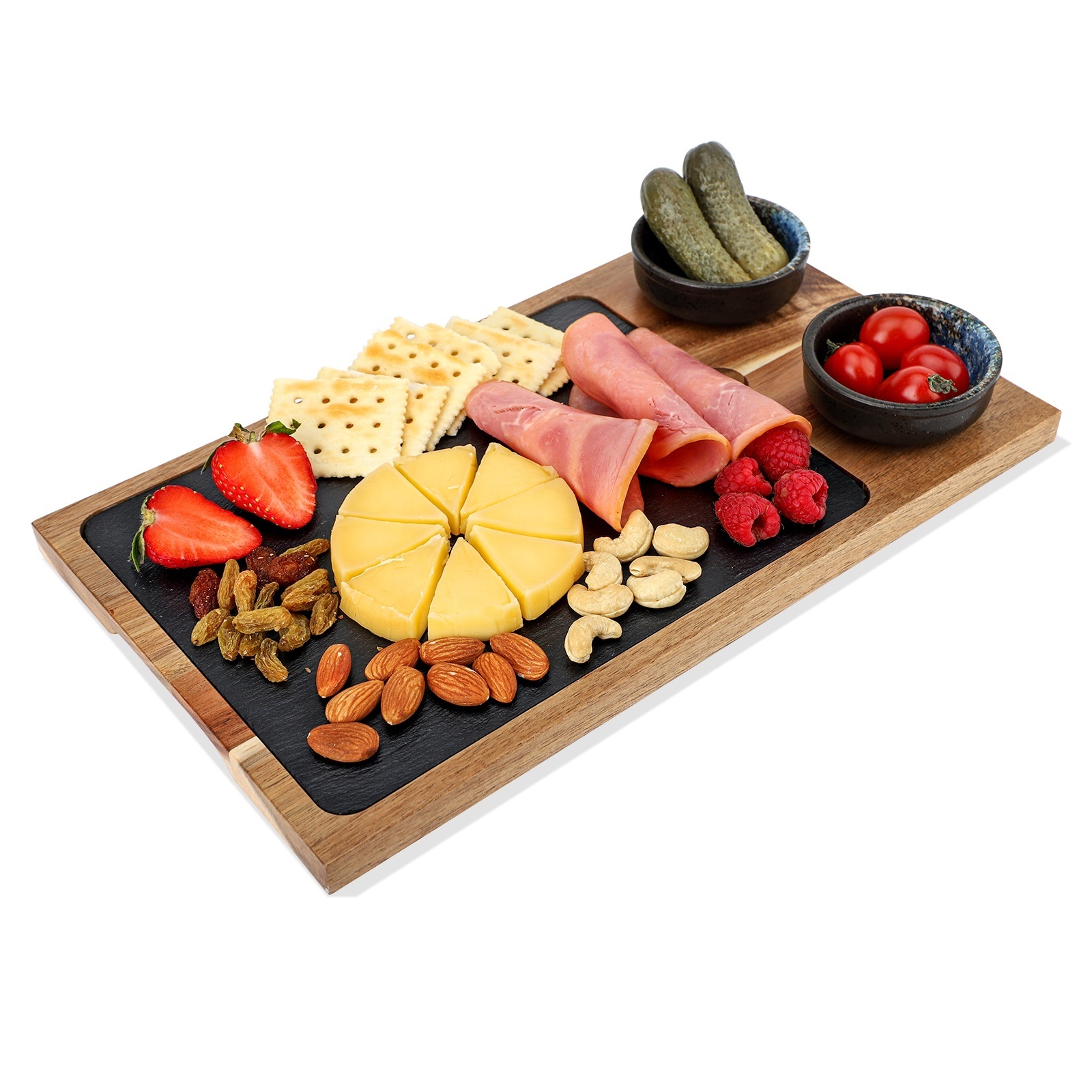 High-class restaurant steak plate natural slate acacia plate serving tray Ceramic dish with dip , plate, beef, cheese, wedding