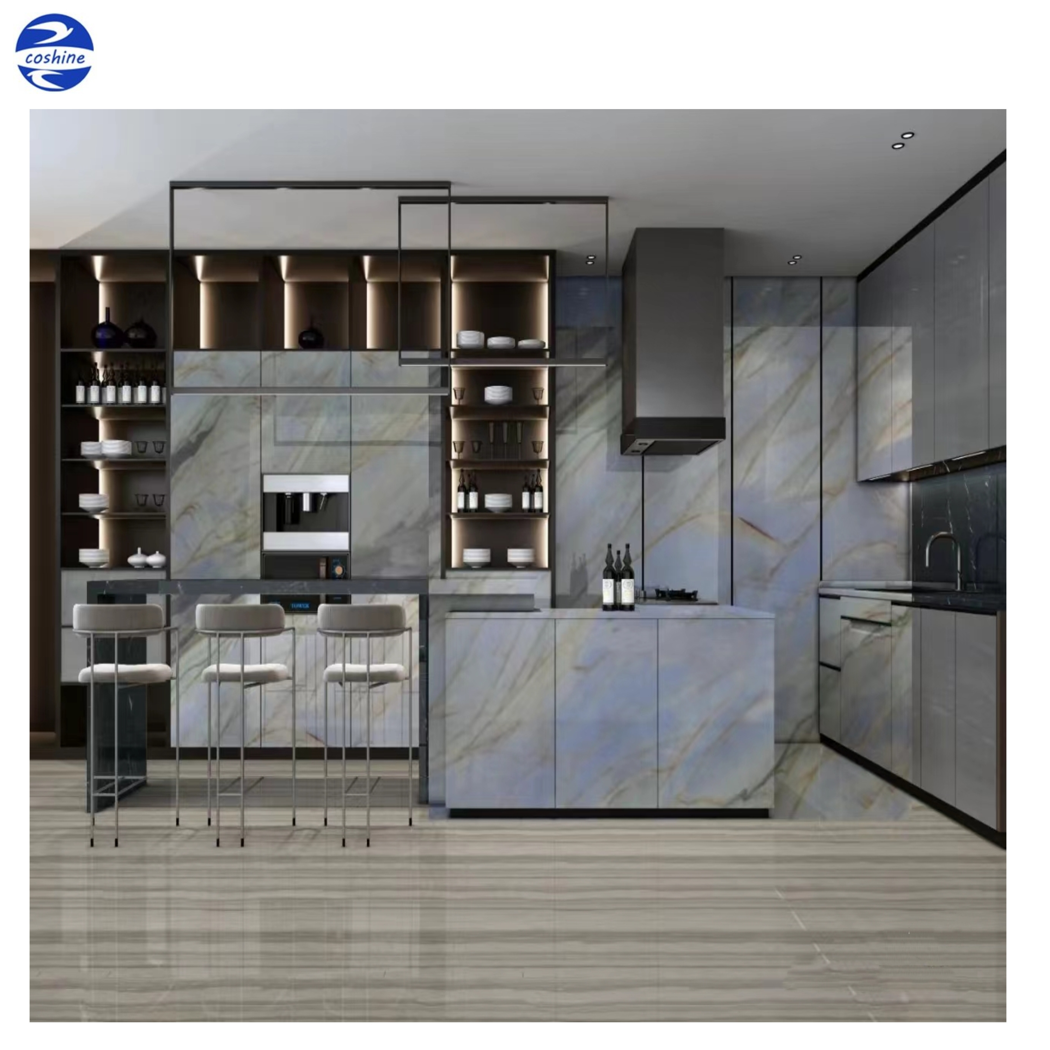 Natural Ocean Blue Marble Tiles Quartzite Beatiful Veins Bathroom Vanities Kitchen Countertops Polished White Marble