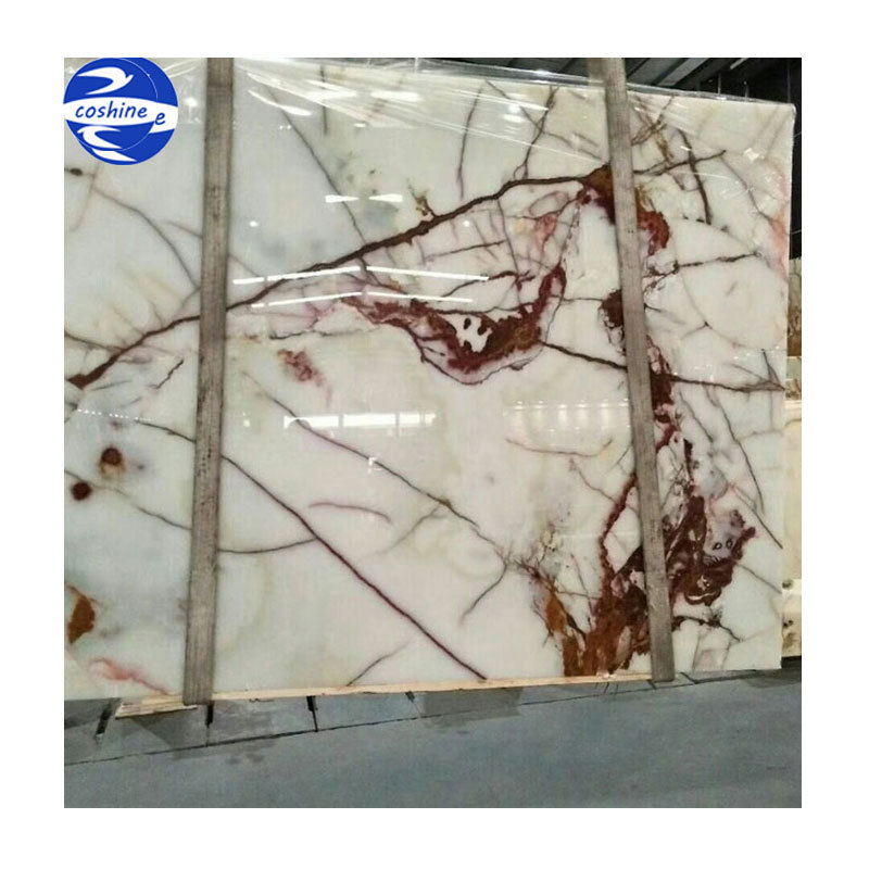 Polished translucent wall used white pink marble panel onyx slab