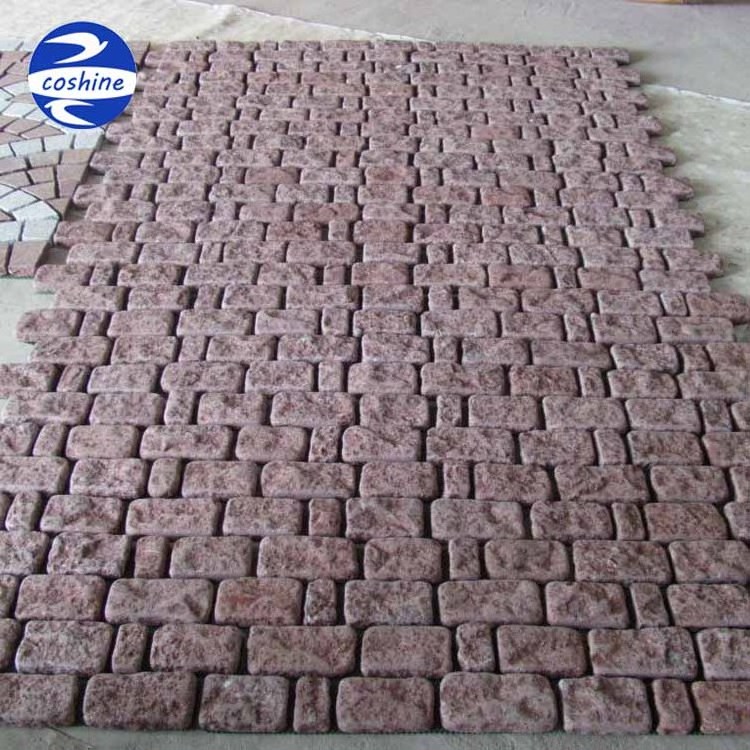 Red Colored Tumble Mesh Back Granite Cobblestone Paver Stone