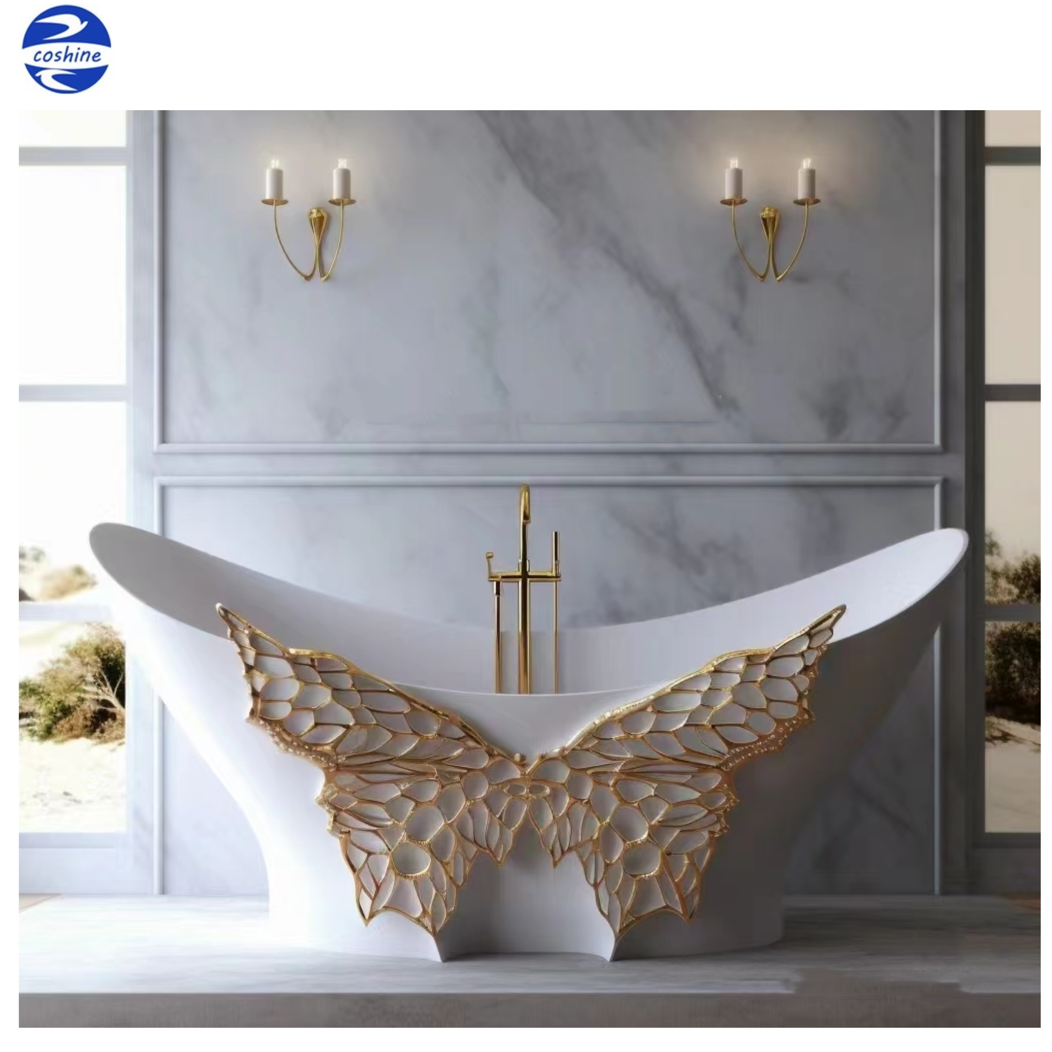 Luxury Acrylic Fiberglass Cast Iron Bath Tub Bathroom Soaking Freestanding Light Transmittance Gold Butterfly Shape Bathtub