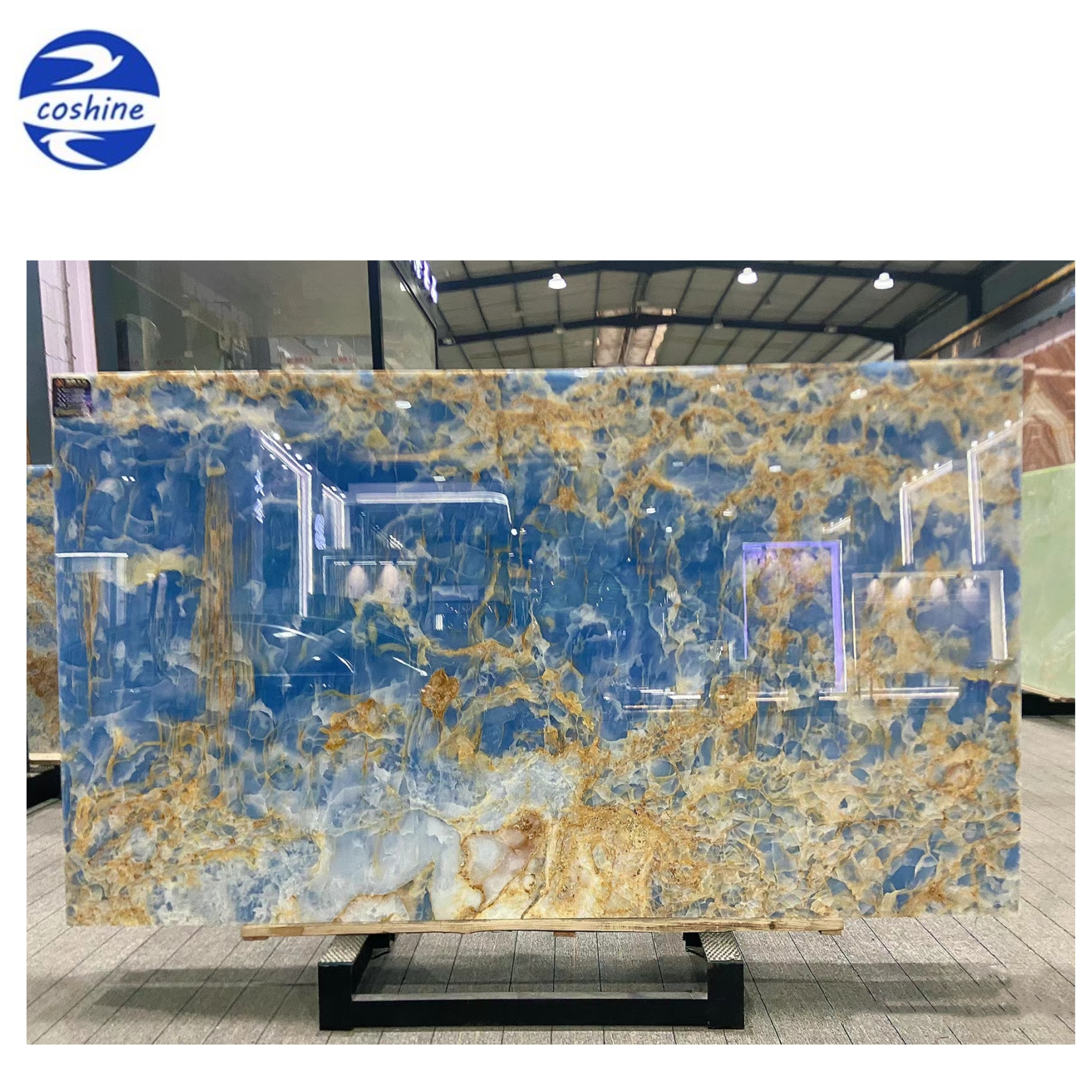 Custom Luxury Interior Villa Wall Panel Wholesale Golden Sky Blue Onyx Marble Slab