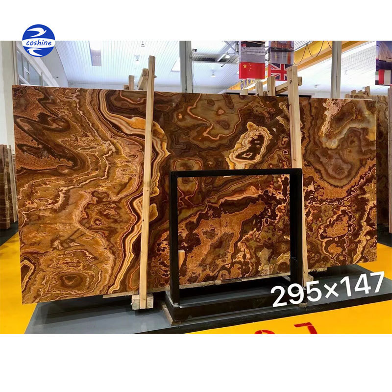 Wholesale natural honey green red black brown tiger onyx bookmatch backlit onyx marble slab for floors