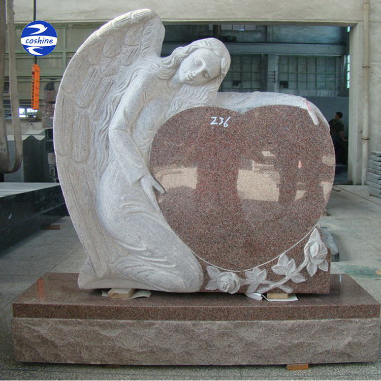 Beautiful Modern Angel Carved Pink Heart Shaped Granite Headstones